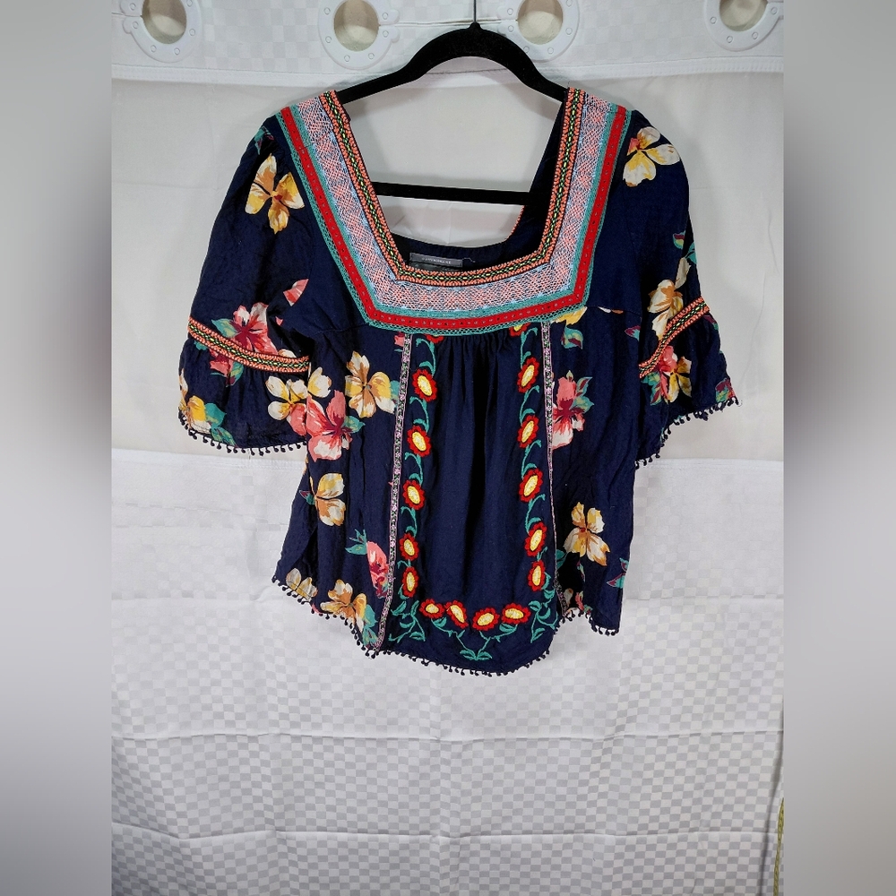 Anthropologie Navy Floral Embroidered Blouse